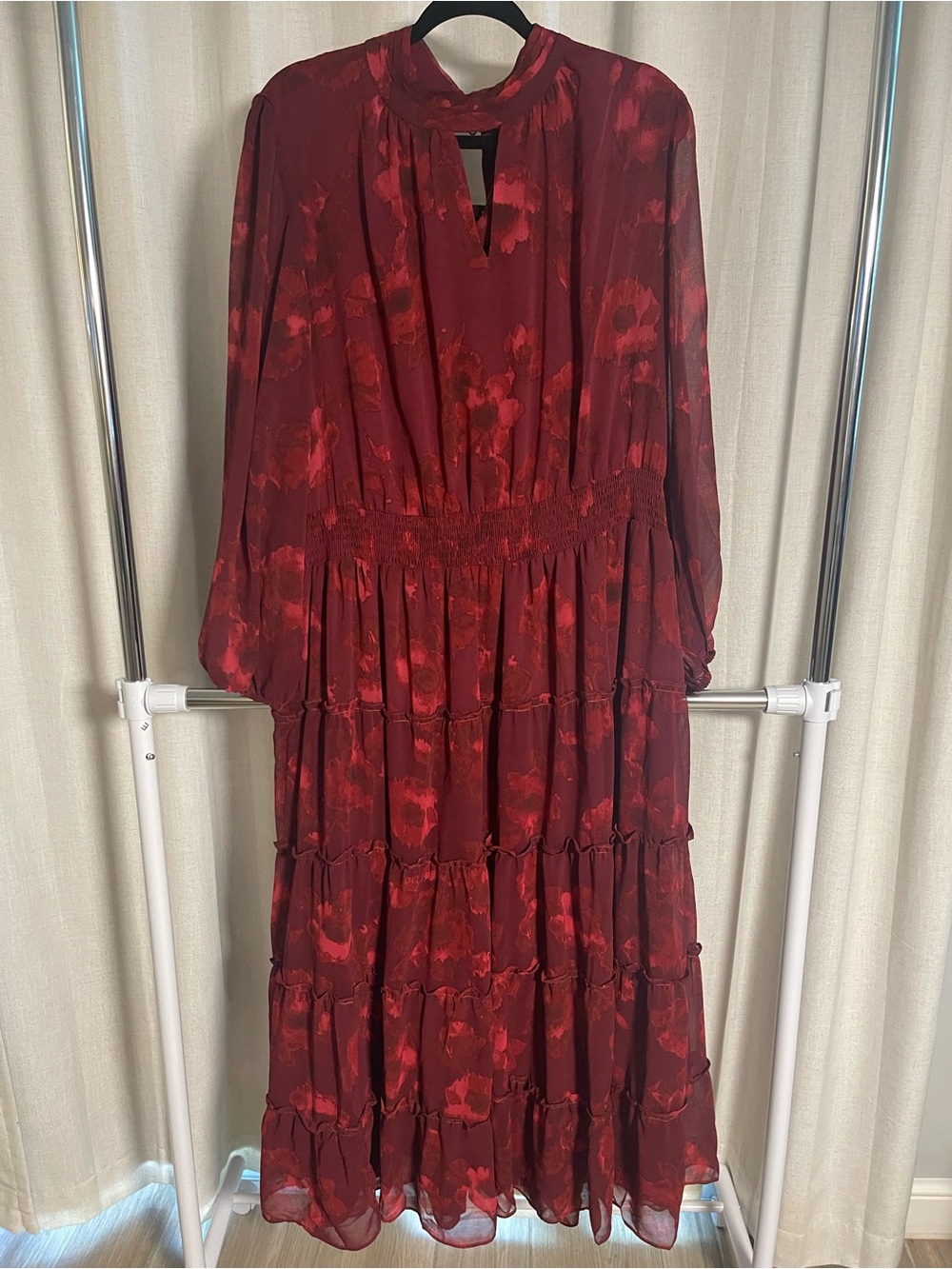 Long Sleeve Tiered Maxi Dress in Burgundy Red New with Tags